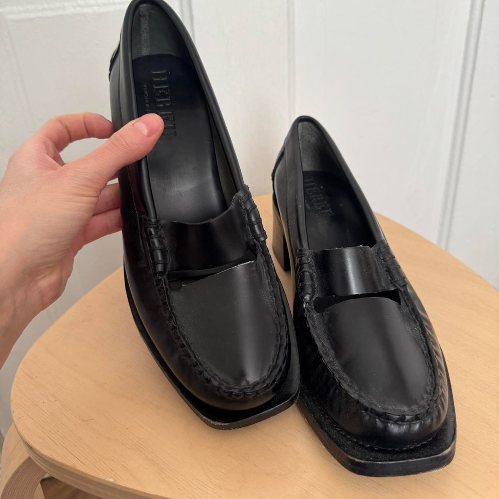 Hereu Black Square Toe Cutout Heeled Loafers - Picture 2 of 8